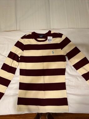 Ralph Lauren Cream and Burgundy Striped Long-Sleeve Sweater